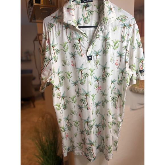 Bad Birdie Golf Polo Shirt Mens Medium White Green Palm Trees Pelican Graphic - Picture 2 of 5